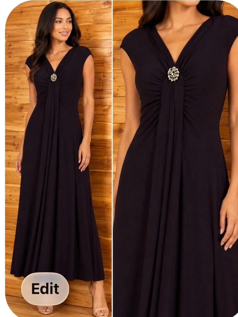 Elegant Black V-Neck Maxi Dress with Decorative Brooch